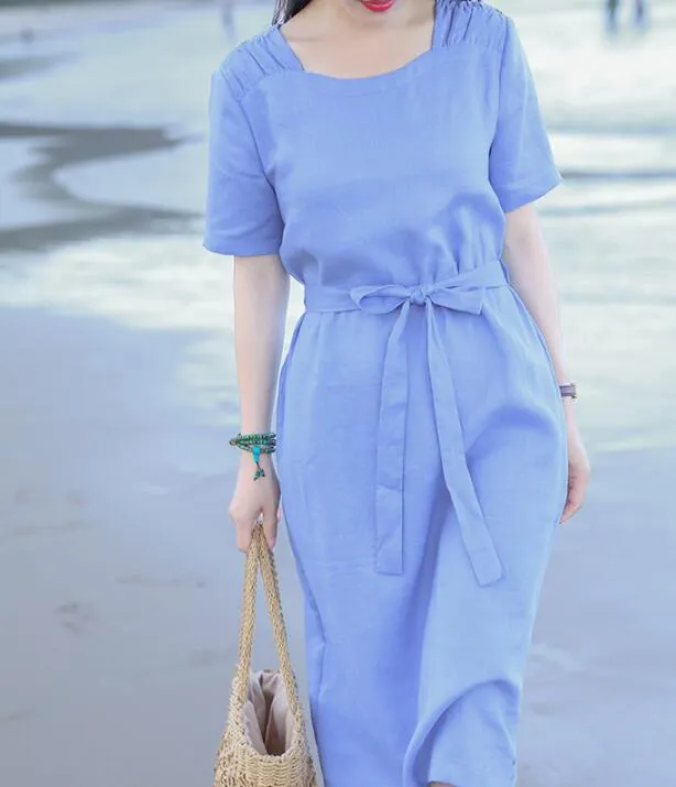 Light Blue Women Dresses Ramie Casual Spring Linen Women Dresses MN97215