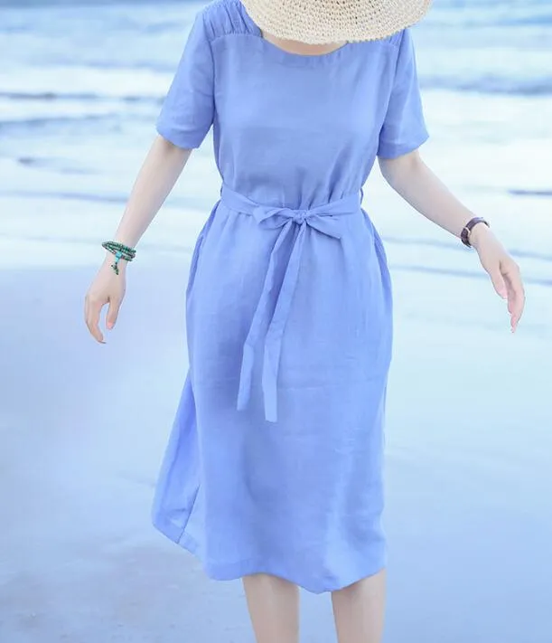 Light Blue Women Dresses Ramie Casual Spring Linen Women Dresses MN97215