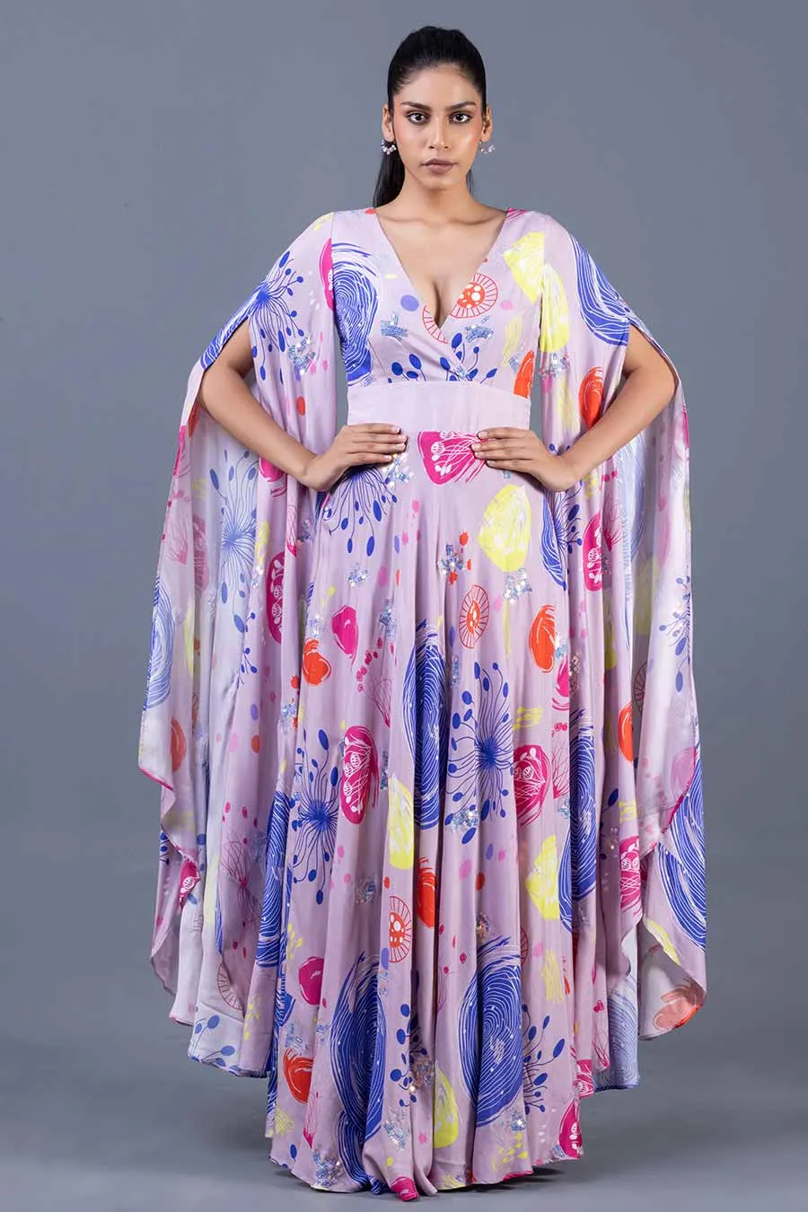 Lilac Sea Fan Printed Cape Gown