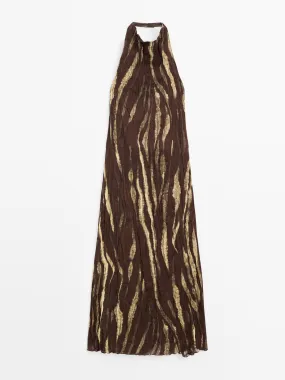 Long creased print halter neck dress