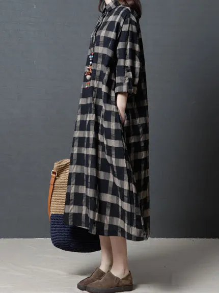 Loose Plaid Plus Size Ramie Cotton Blouse Midi Dresses