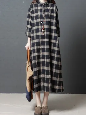 Loose Plaid Plus Size Ramie Cotton Blouse Midi Dresses