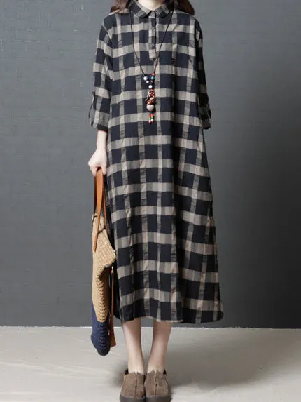Loose Plaid Plus Size Ramie Cotton Blouse Midi Dresses