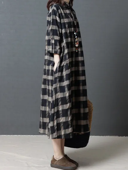 Loose Plaid Plus Size Ramie Cotton Blouse Midi Dresses