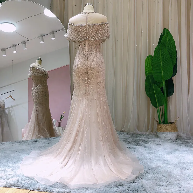 Luxury Champagne Mermaid Beaded  Evening Dress with Cape SS144