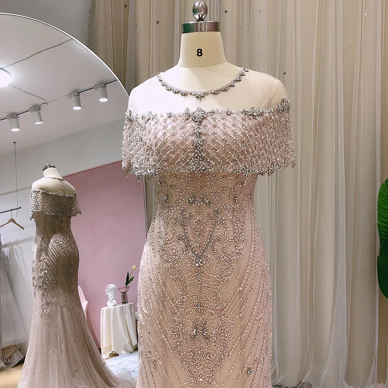 Luxury Champagne Mermaid Beaded  Evening Dress with Cape SS144