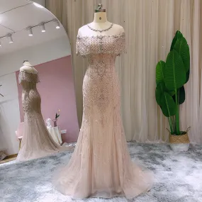 Luxury Champagne Mermaid Beaded  Evening Dress with Cape SS144