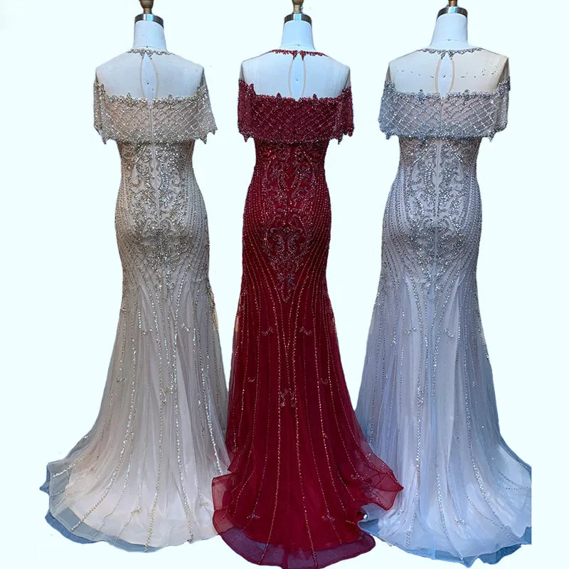 Luxury Champagne Mermaid Beaded  Evening Dress with Cape SS144