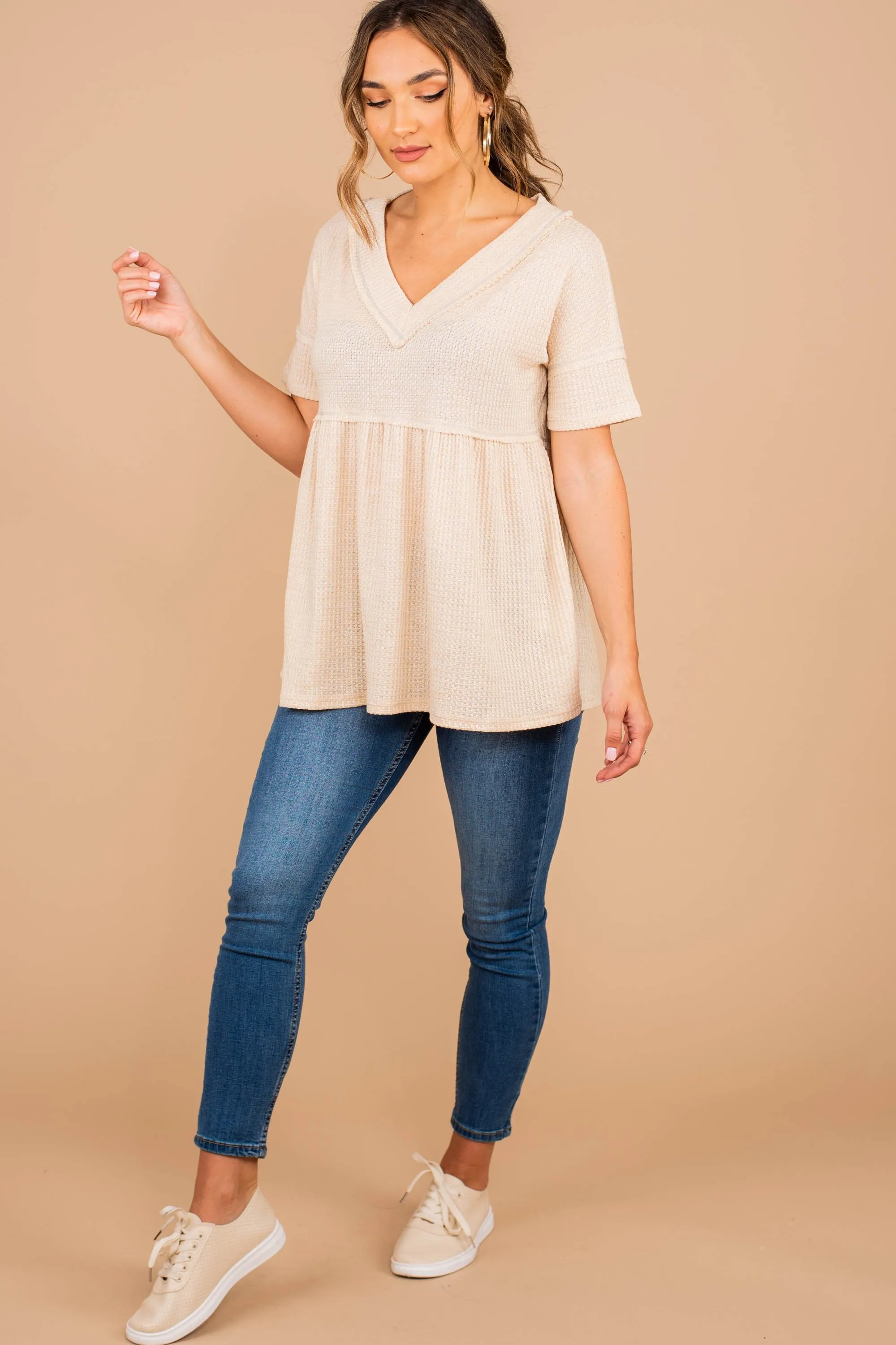 Matters Of Love Oatmeal White Babydoll Top