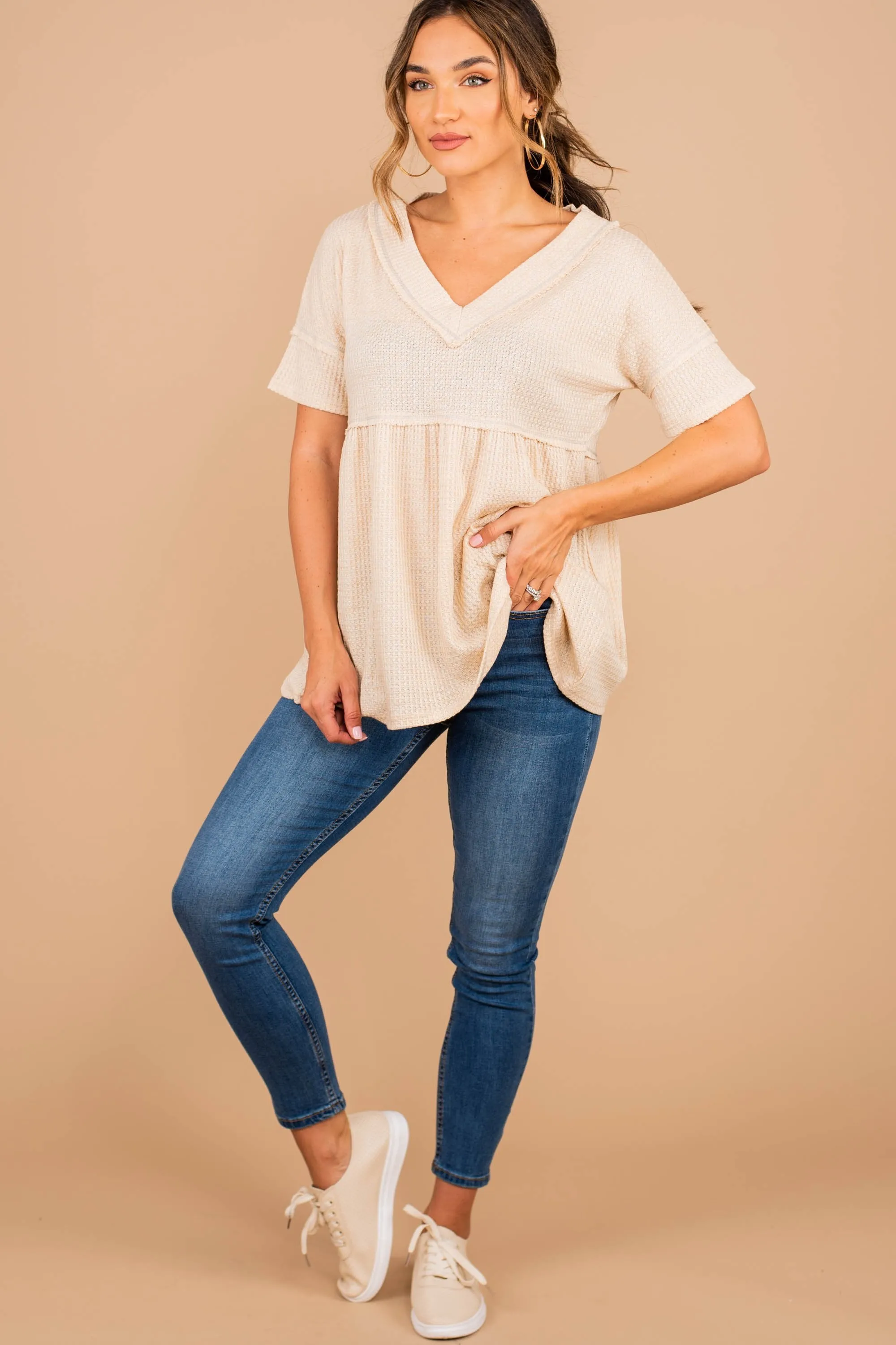 Matters Of Love Oatmeal White Babydoll Top