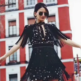 Mini Short Sleeve Striped Fringe Tassel Bow Dress
