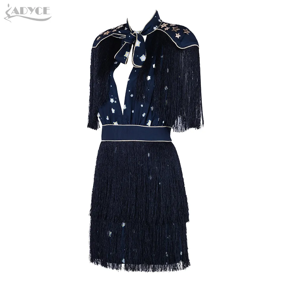 Mini Short Sleeve Striped Fringe Tassel Bow Dress