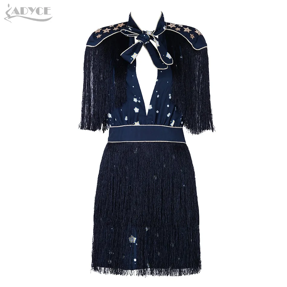 Mini Short Sleeve Striped Fringe Tassel Bow Dress