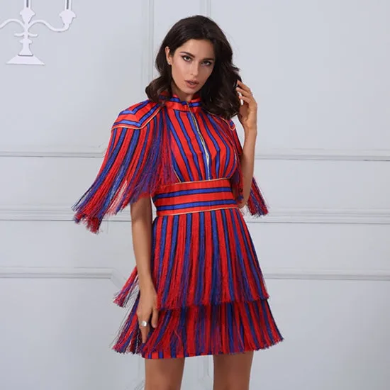Mini Short Sleeve Striped Fringe Tassel Bow Dress