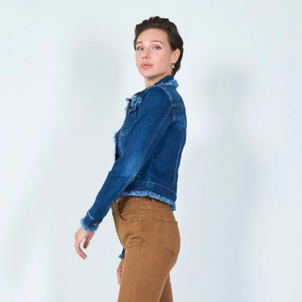 Modern cropped denim jacket with frayed details wholesale