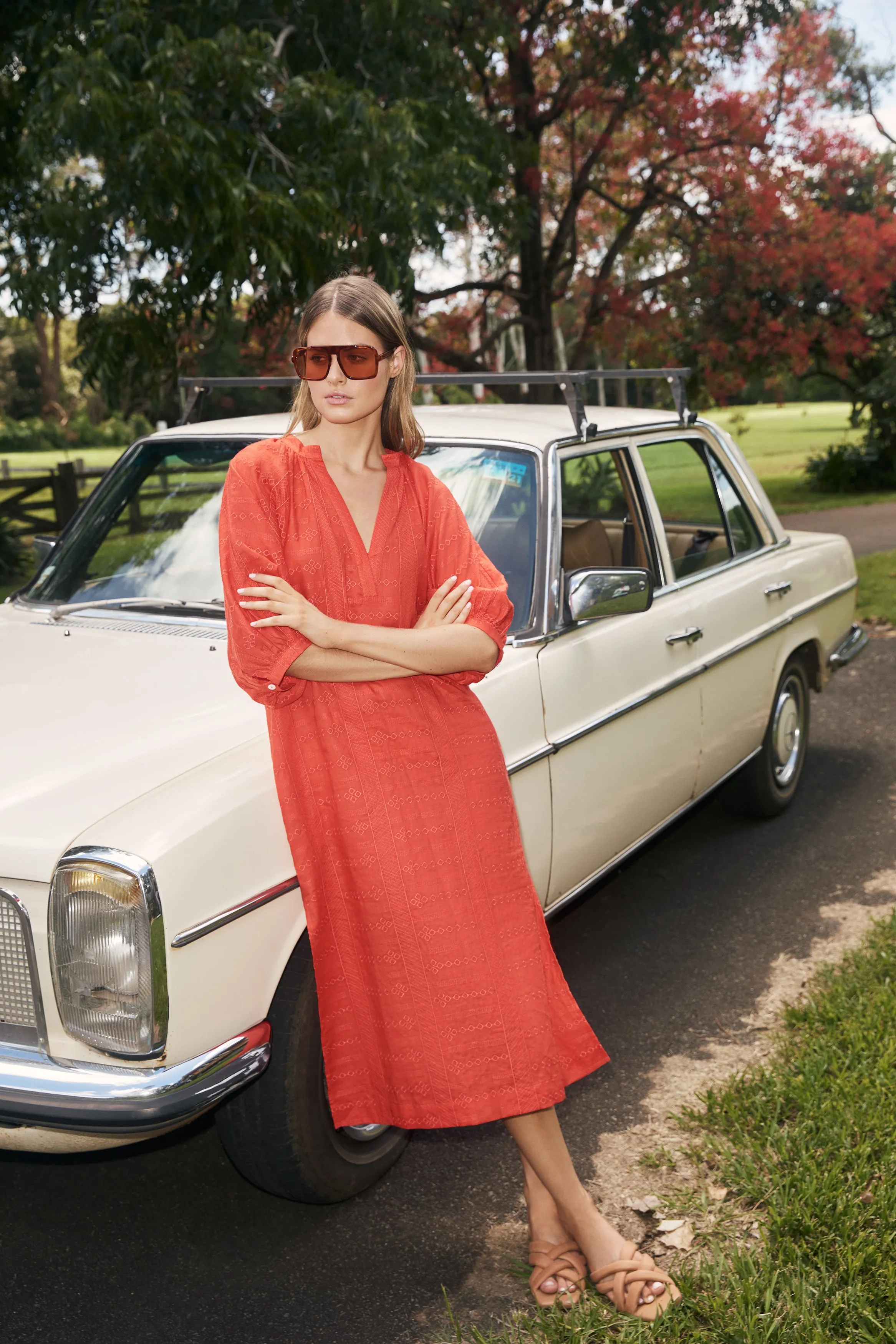 Motto Dress in Flame Embroidery
