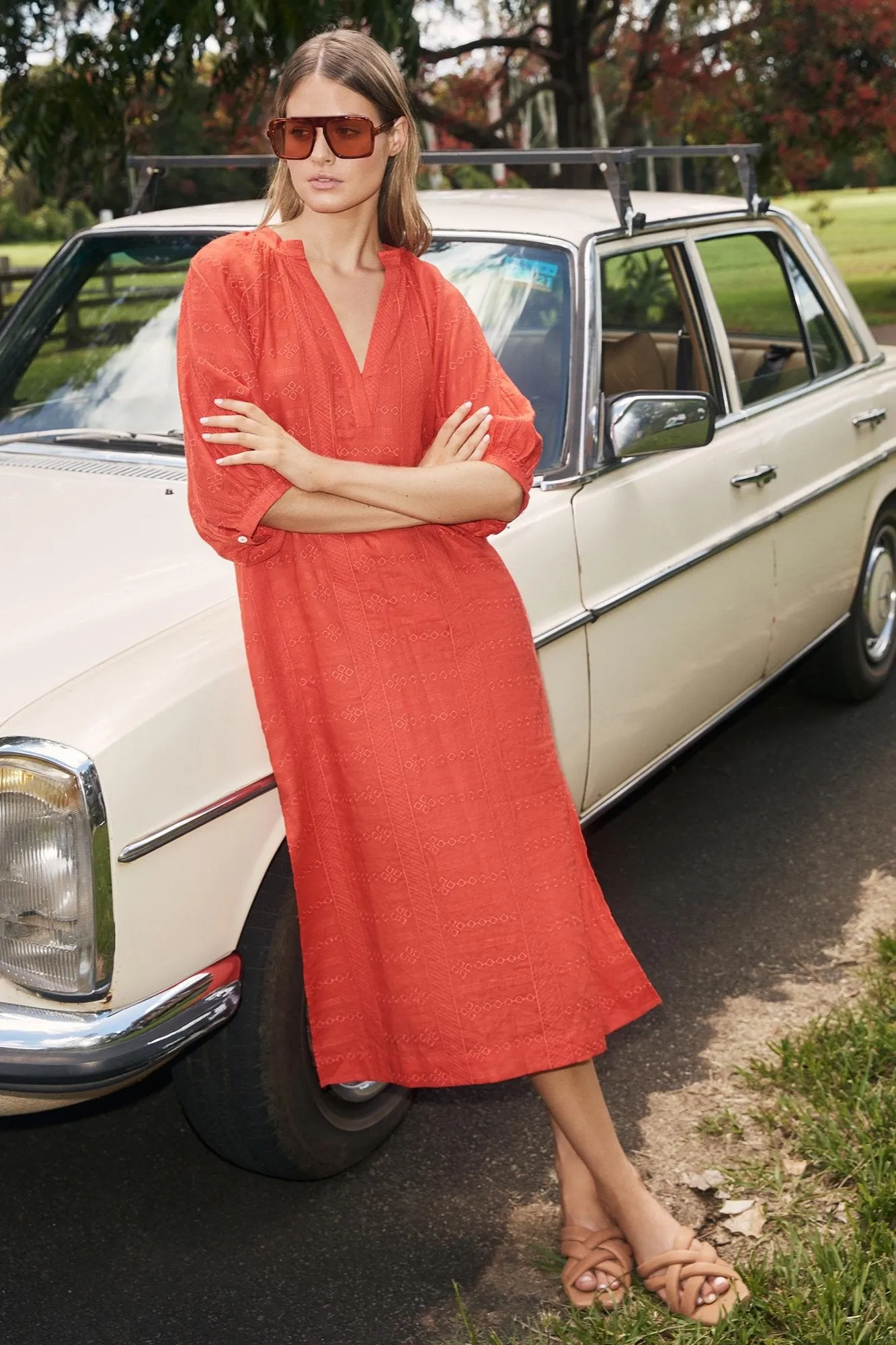 Motto Dress in Flame Embroidery