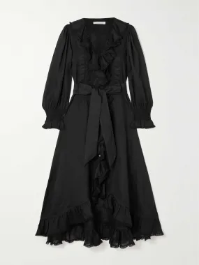 Nadia belted ruffled ramie midi dress