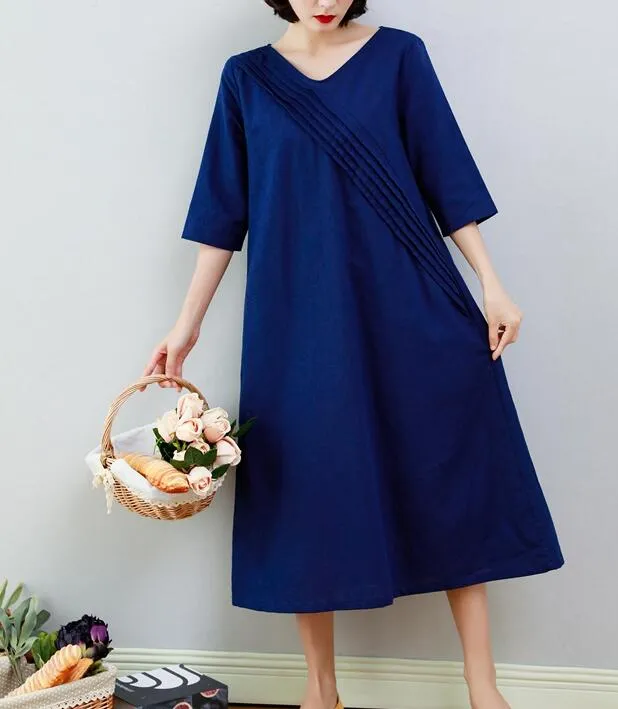 Navy Blue Women Dresses Ramie Casual Spring Linen Women Dresses MN97215