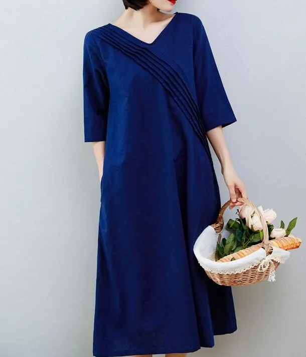 Navy Blue Women Dresses Ramie Casual Spring Linen Women Dresses MN97215