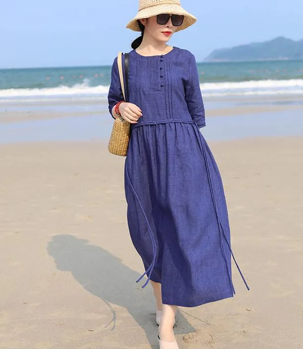Navy Blue Women Dresses Ramie Casual Spring Linen Women Dresses SSM97215