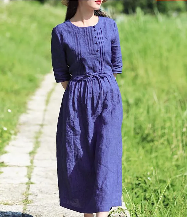 Navy Blue Women Dresses Ramie Casual Spring Linen Women Dresses SSM97215