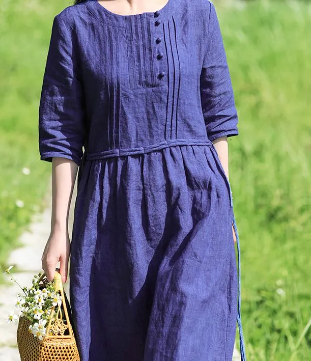 Navy Blue Women Dresses Ramie Casual Spring Linen Women Dresses SSM97215