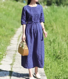 Navy Blue Women Dresses Ramie Casual Spring Linen Women Dresses SSM97215