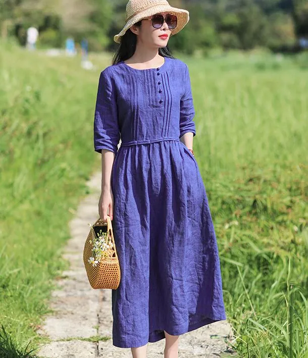 Navy Blue Women Dresses Ramie Casual Spring Linen Women Dresses SSM97215