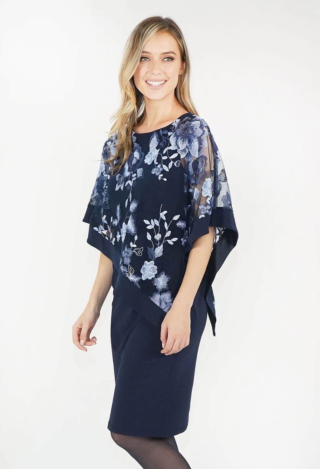 Navy Floral Cape Dress
