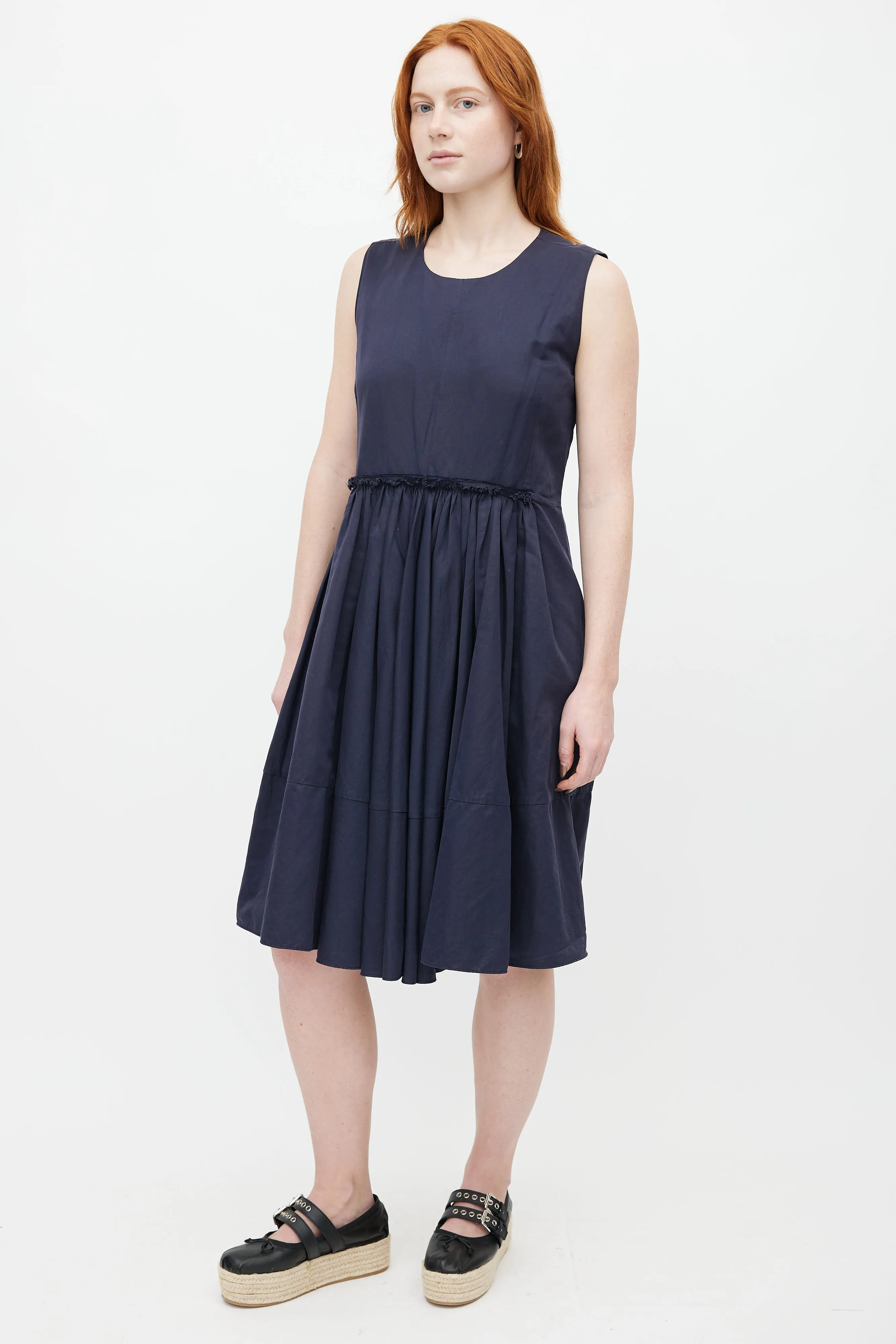 Navy Pleated Midi Dress