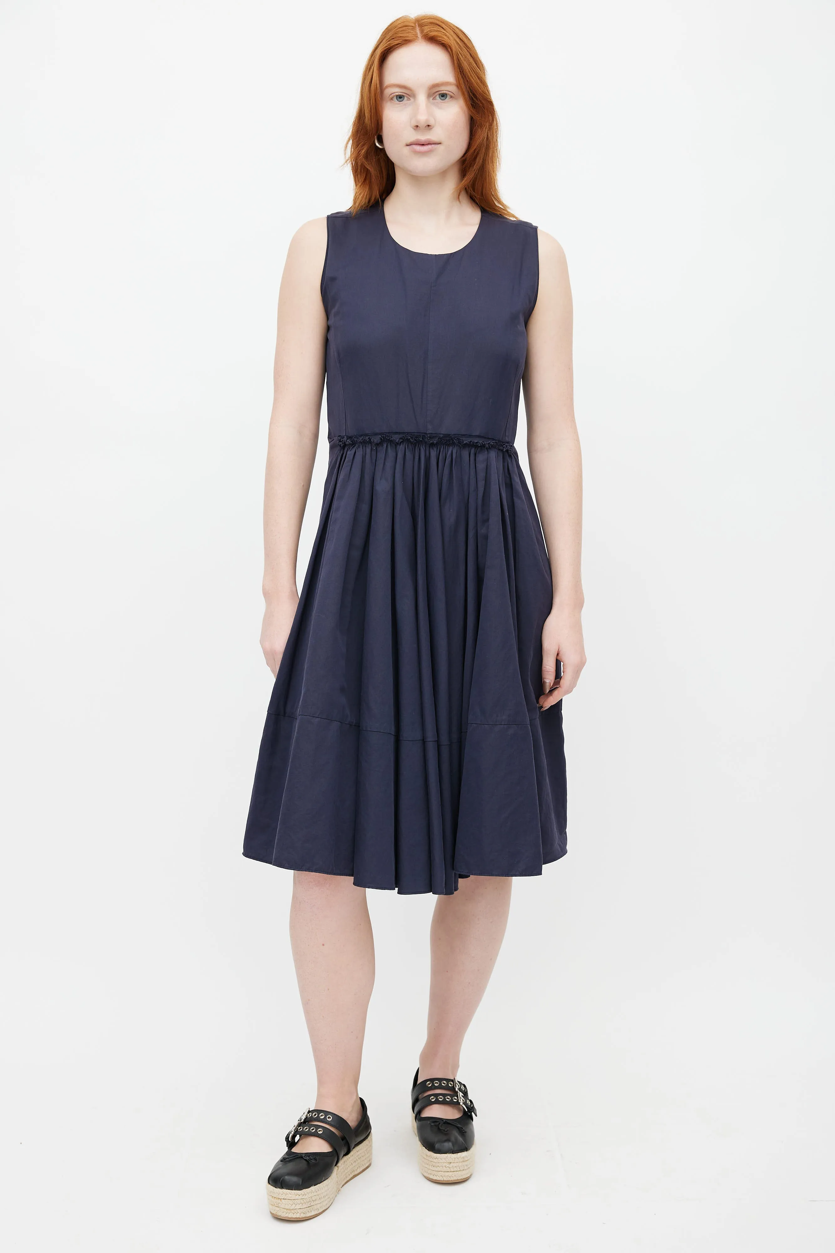 Navy Pleated Midi Dress