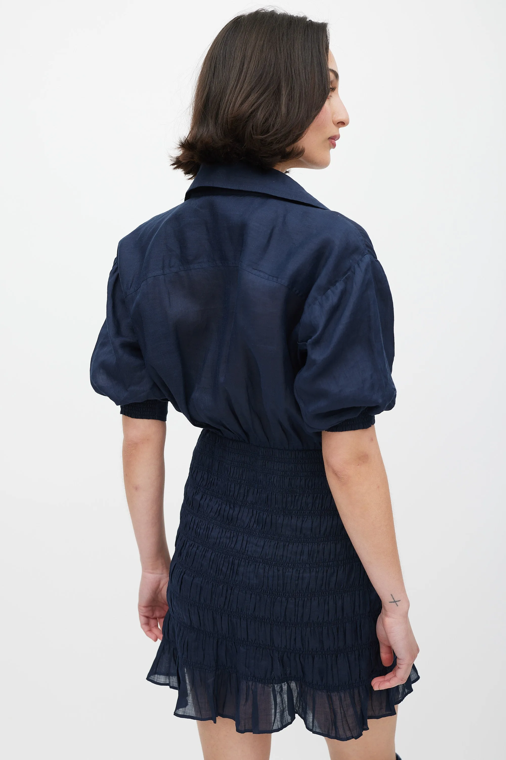 Navy Smocked Shirt Dress