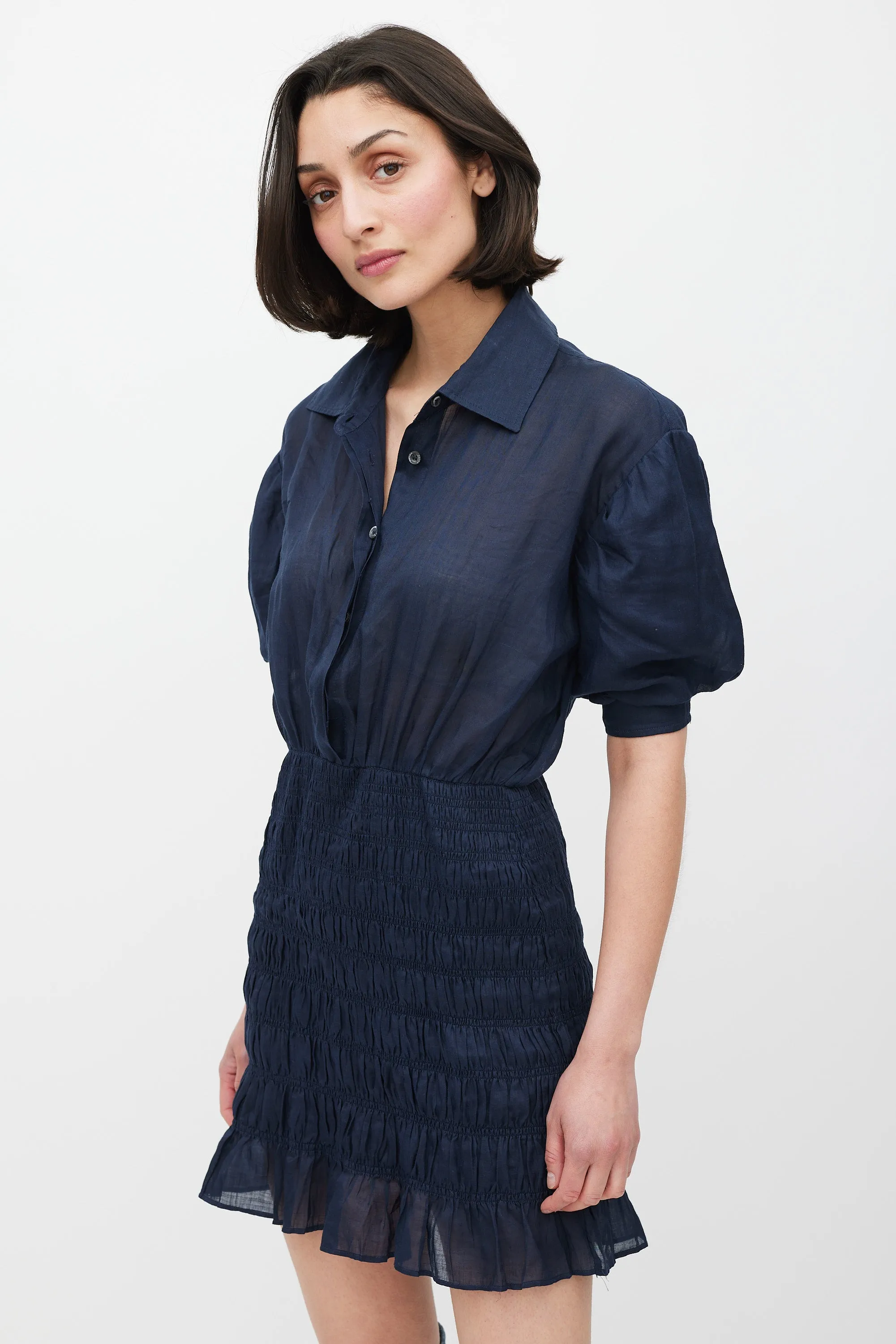 Navy Smocked Shirt Dress