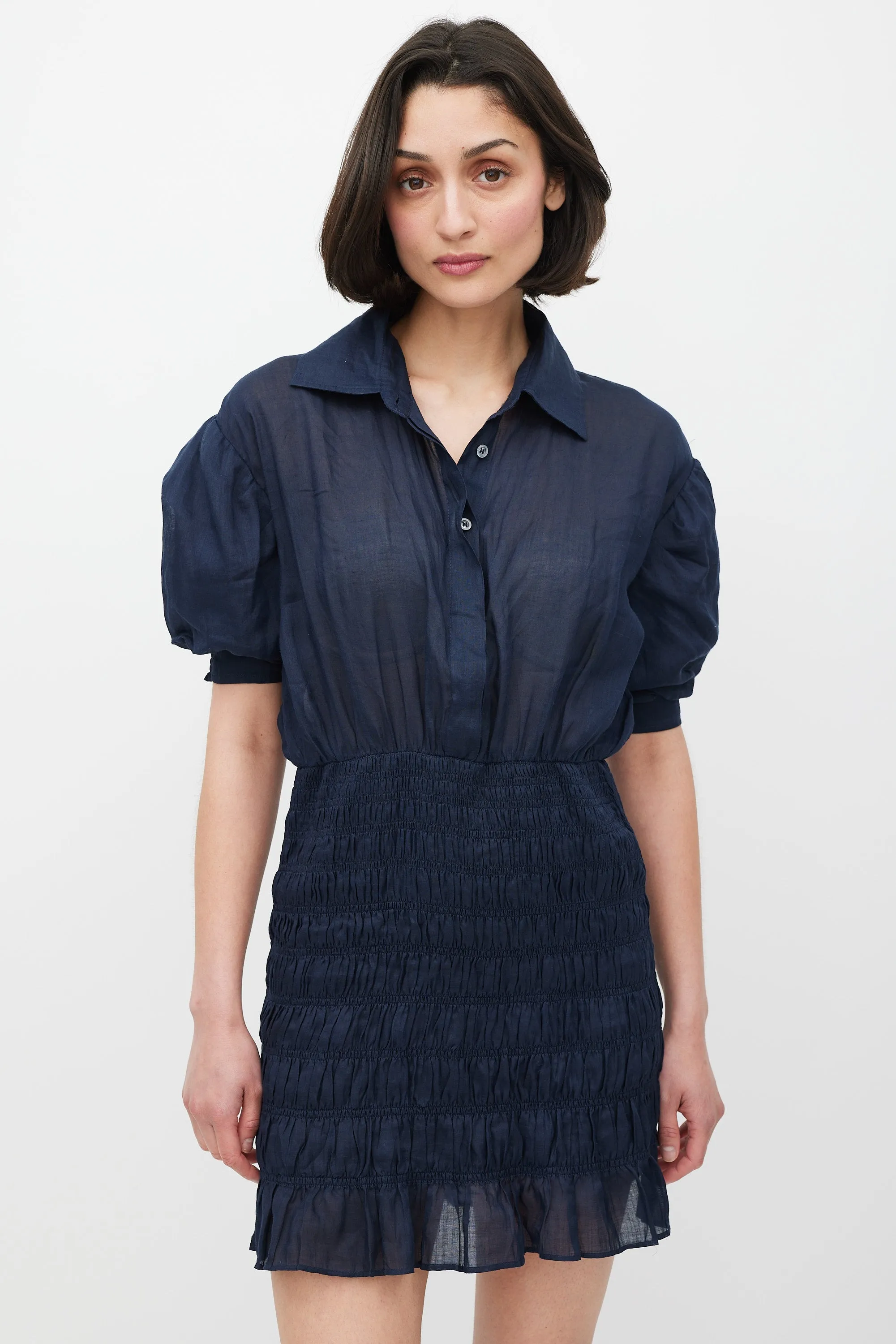 Navy Smocked Shirt Dress