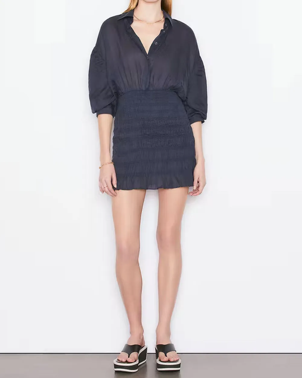 Navy Smocked Shirt Dress