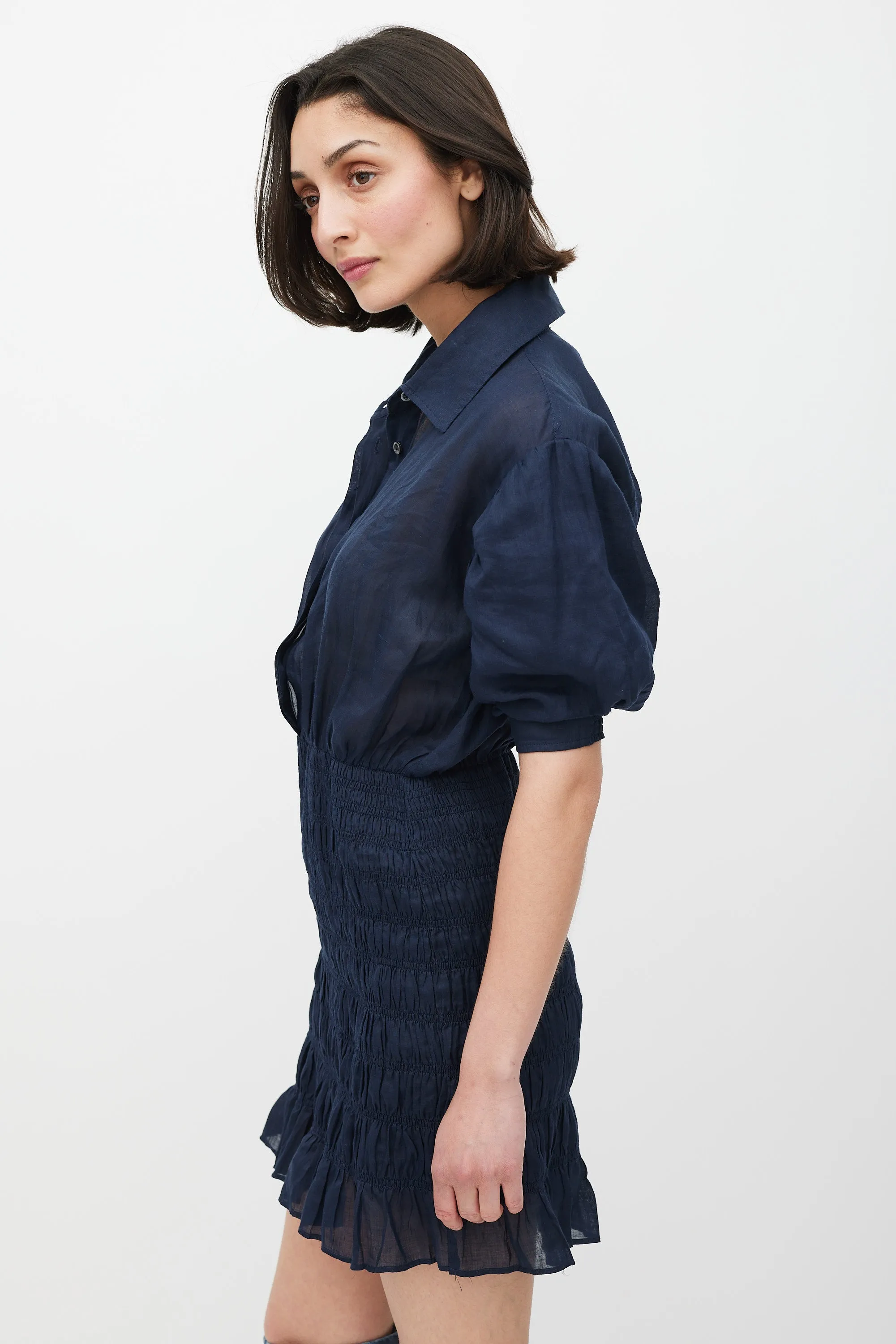 Navy Smocked Shirt Dress