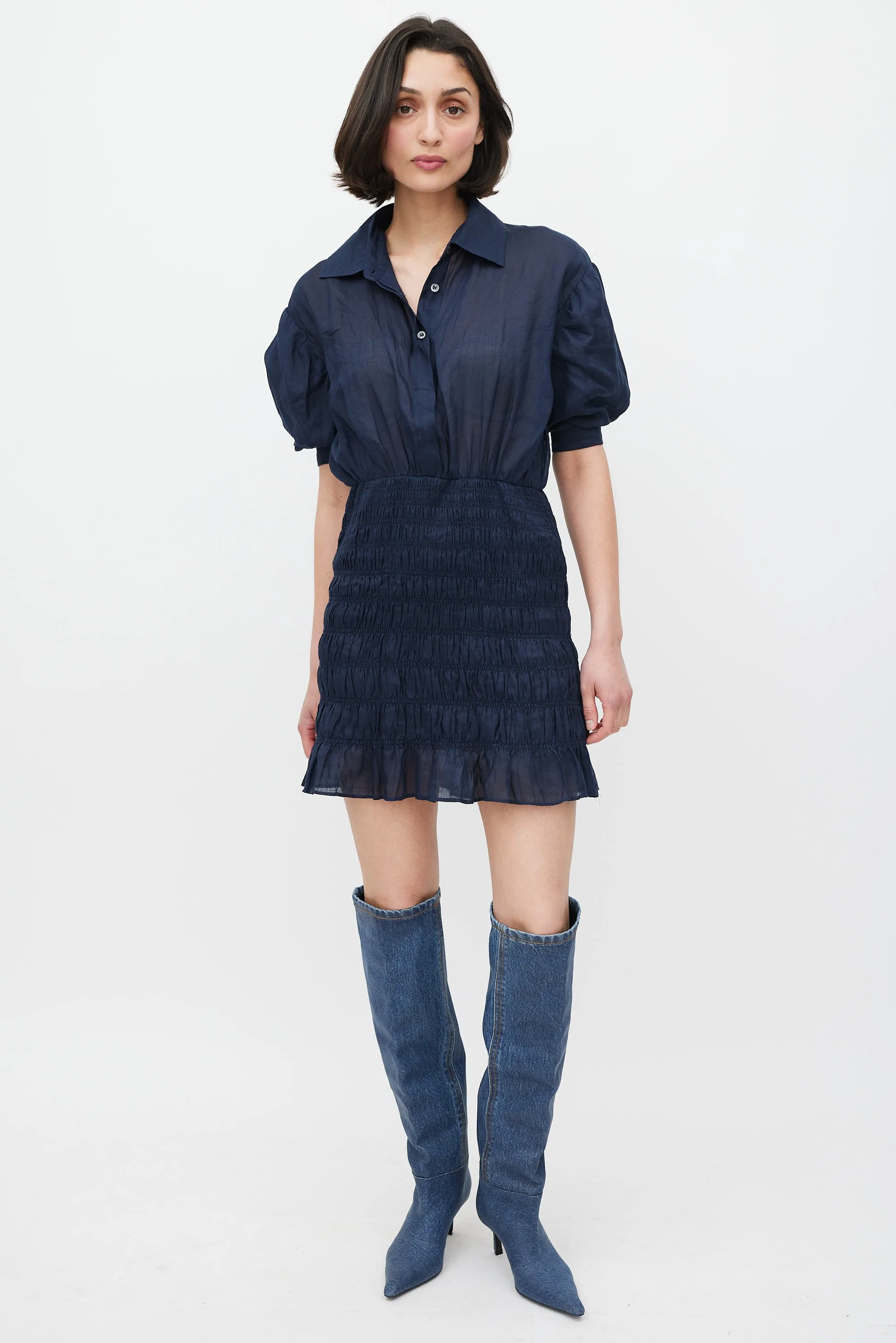 Navy Smocked Shirt Dress