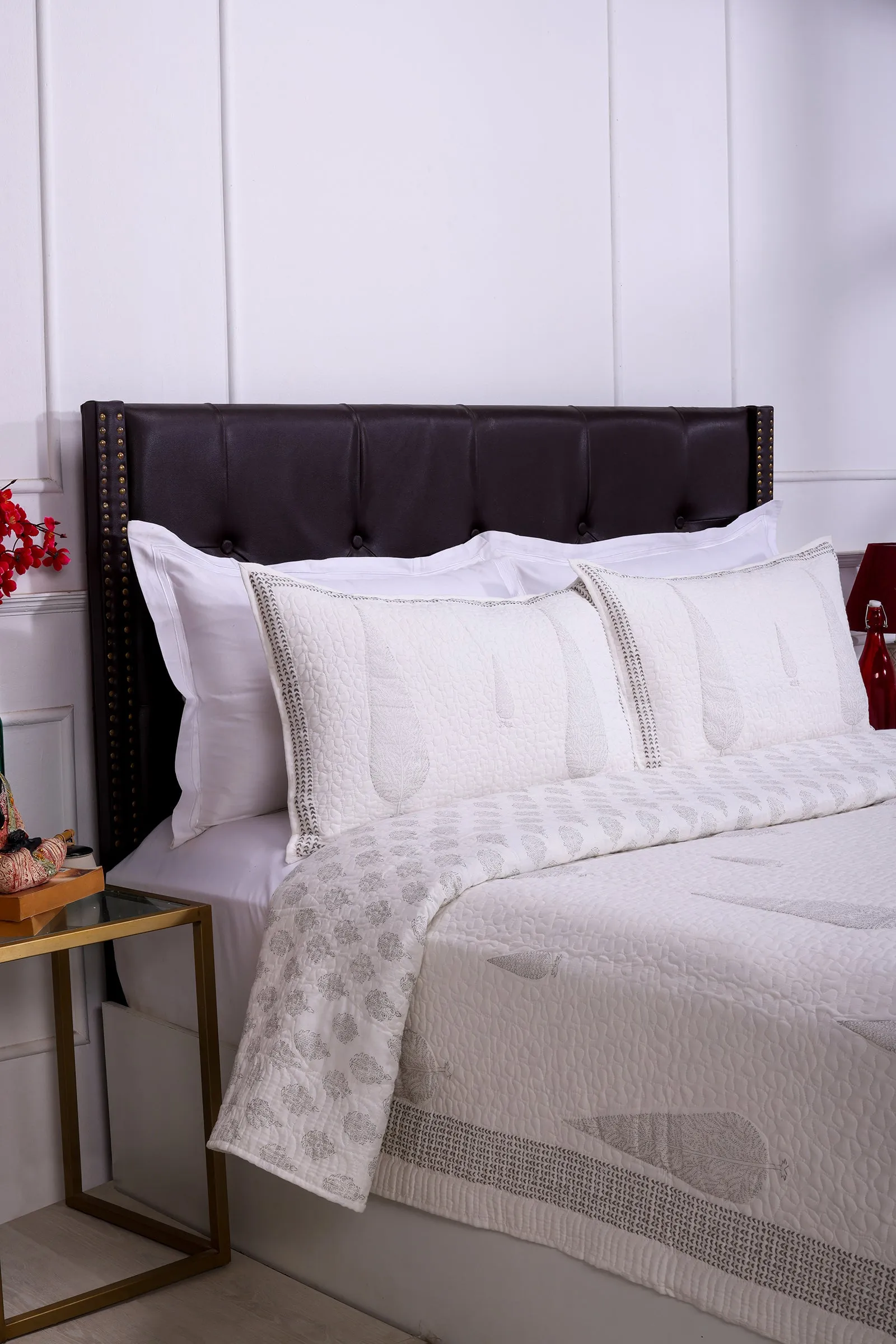 Neomi Cypruss Hand Block Printed Grey Cotton Bedcover