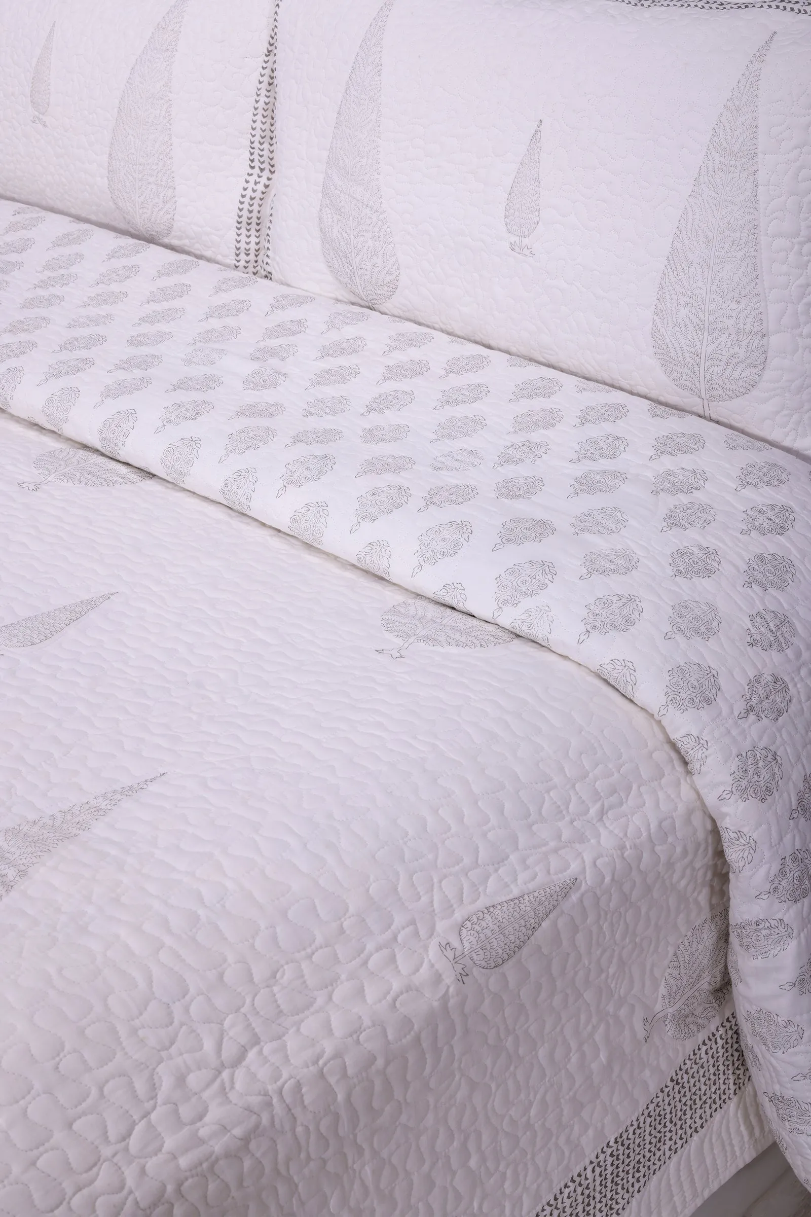 Neomi Cypruss Hand Block Printed Grey Cotton Bedcover
