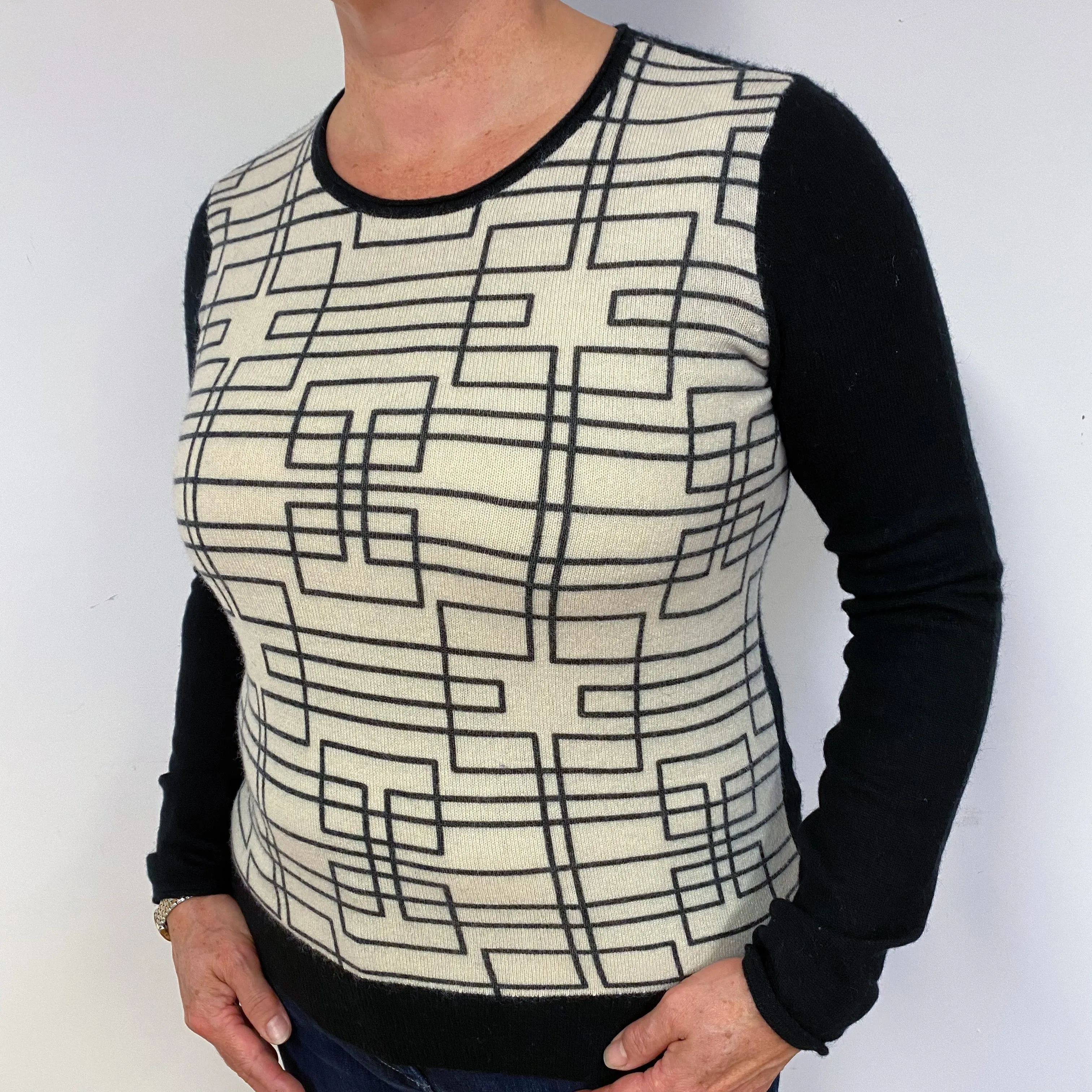 Oatmeal Beige Geometric Cashmere Crew Neck Jumper Large