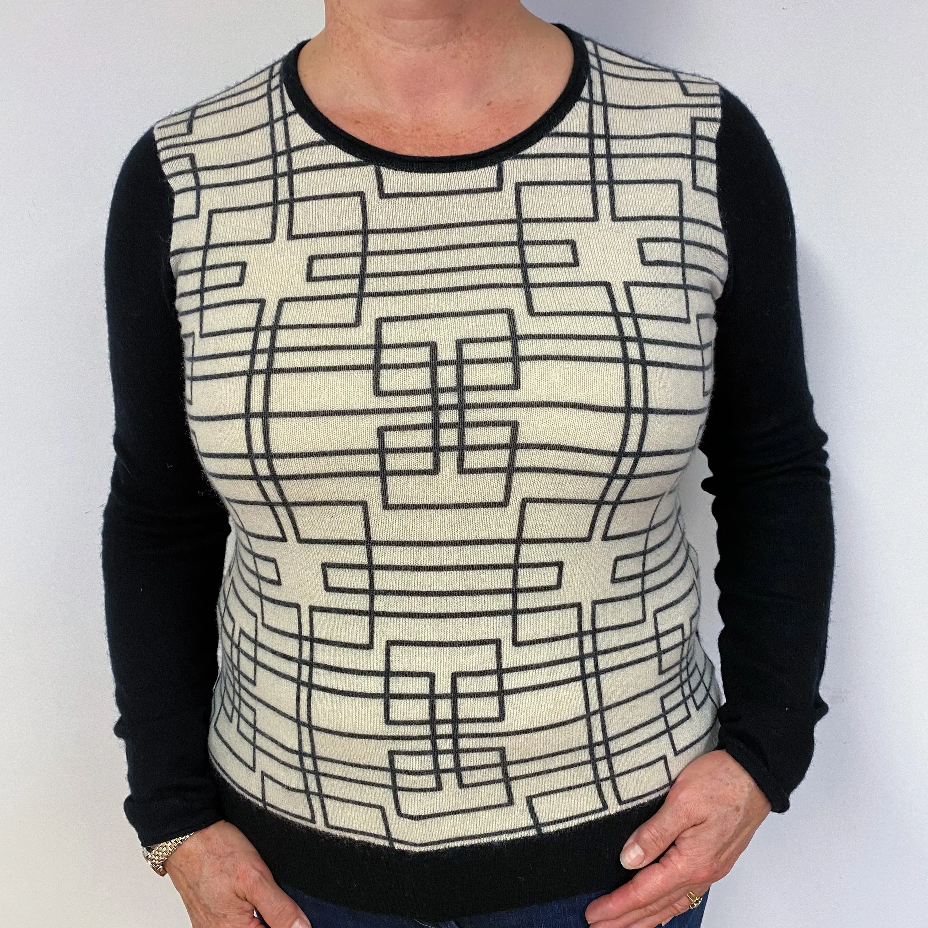 Oatmeal Beige Geometric Cashmere Crew Neck Jumper Large