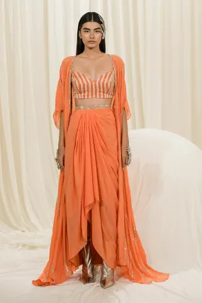 Orange Embroidered Cowl Skirt Co-ord Set
