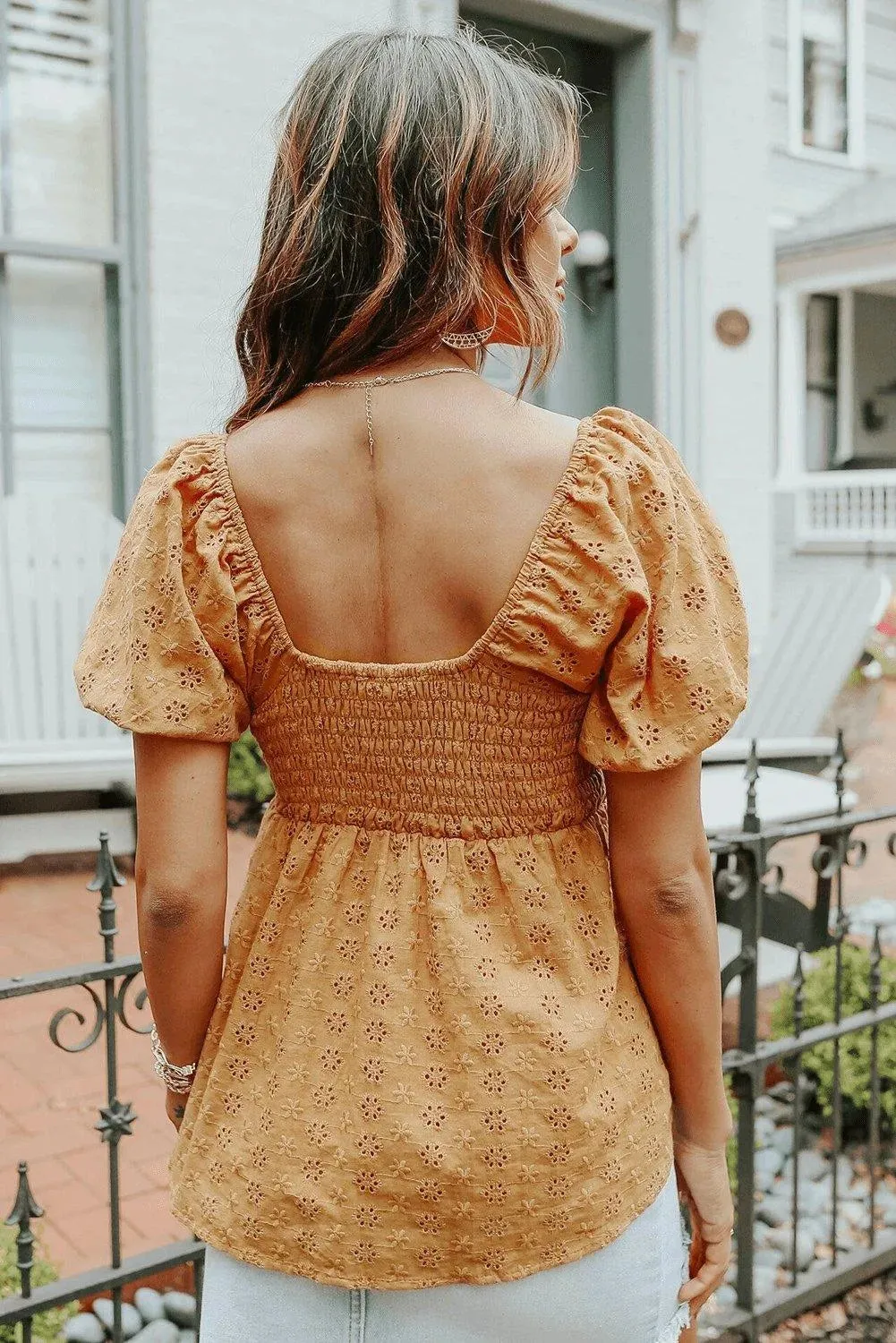 Orange Eyelet Smocked Babydoll Puff Sleeve Top