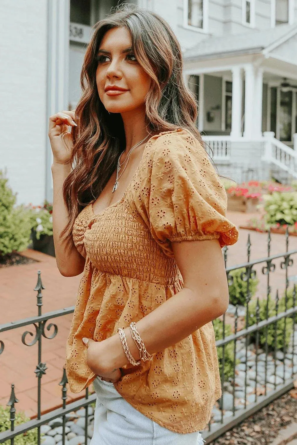 Orange Eyelet Smocked Babydoll Puff Sleeve Top