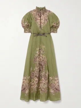 Ottie belted leather-trimmed floral-print ramie maxi dress