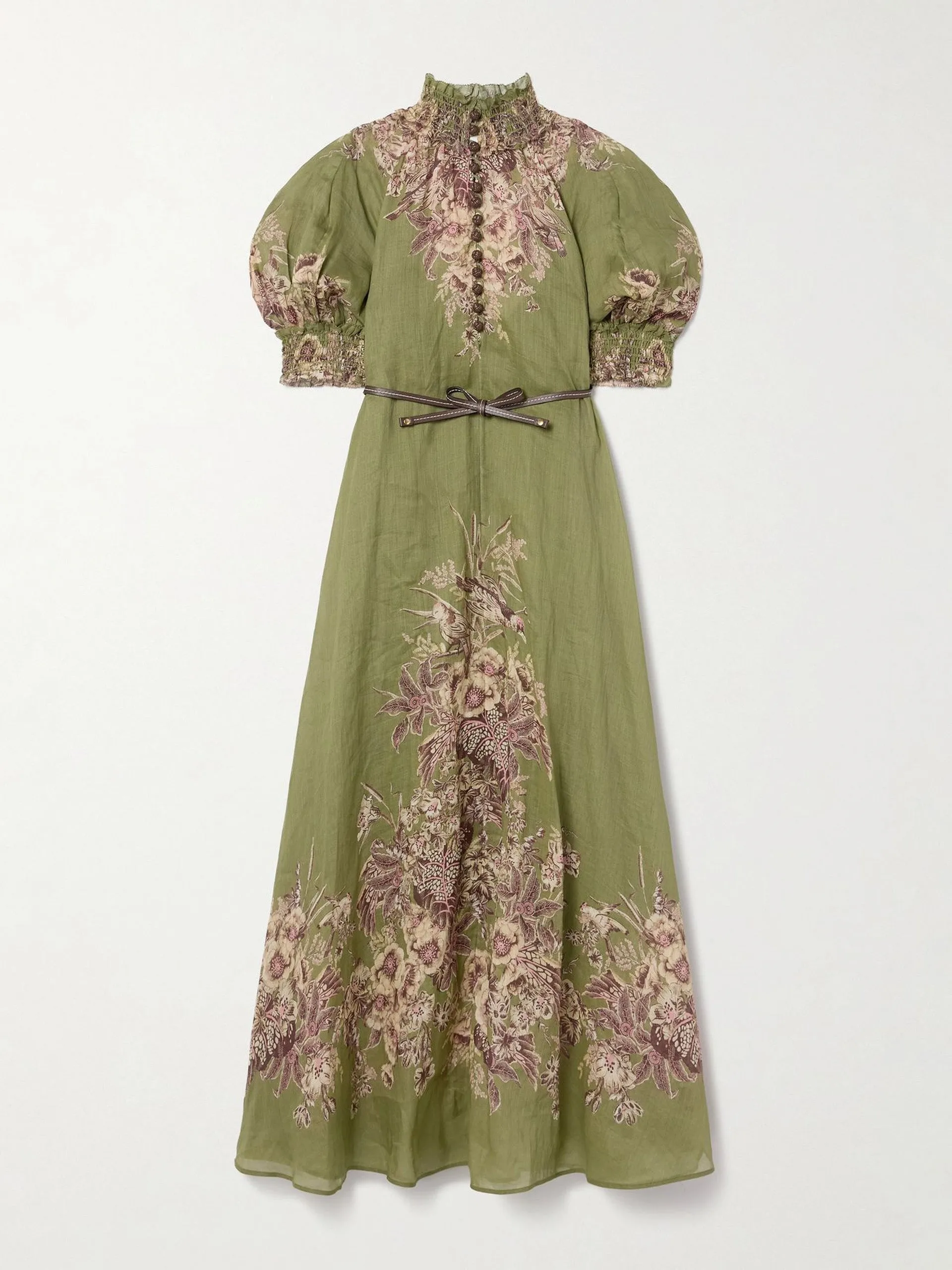 Ottie belted leather-trimmed floral-print ramie maxi dress