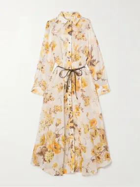 Ottie belted leather-trimmed floral-print ramie midi shirt dress