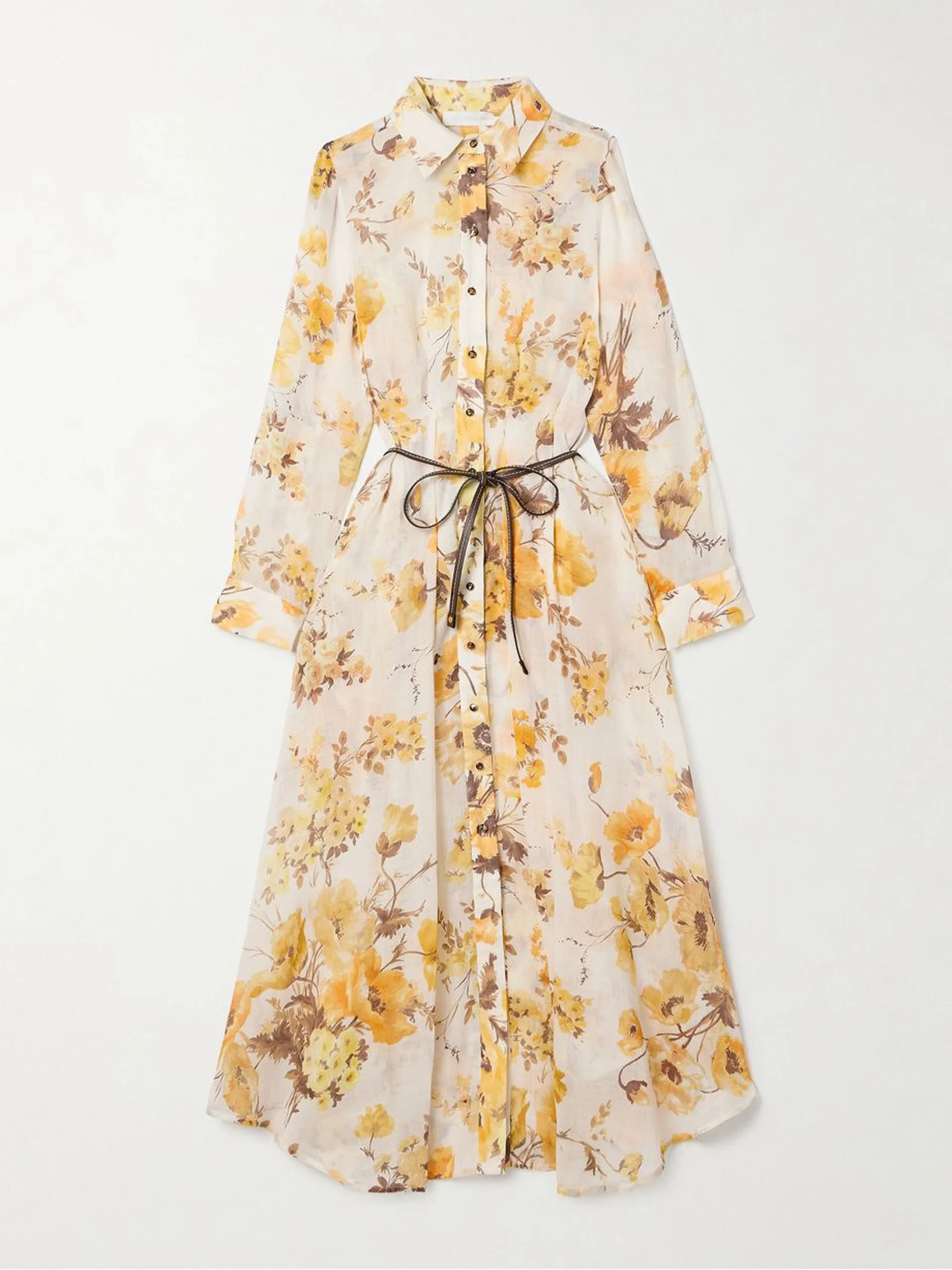 Ottie belted leather-trimmed floral-print ramie midi shirt dress
