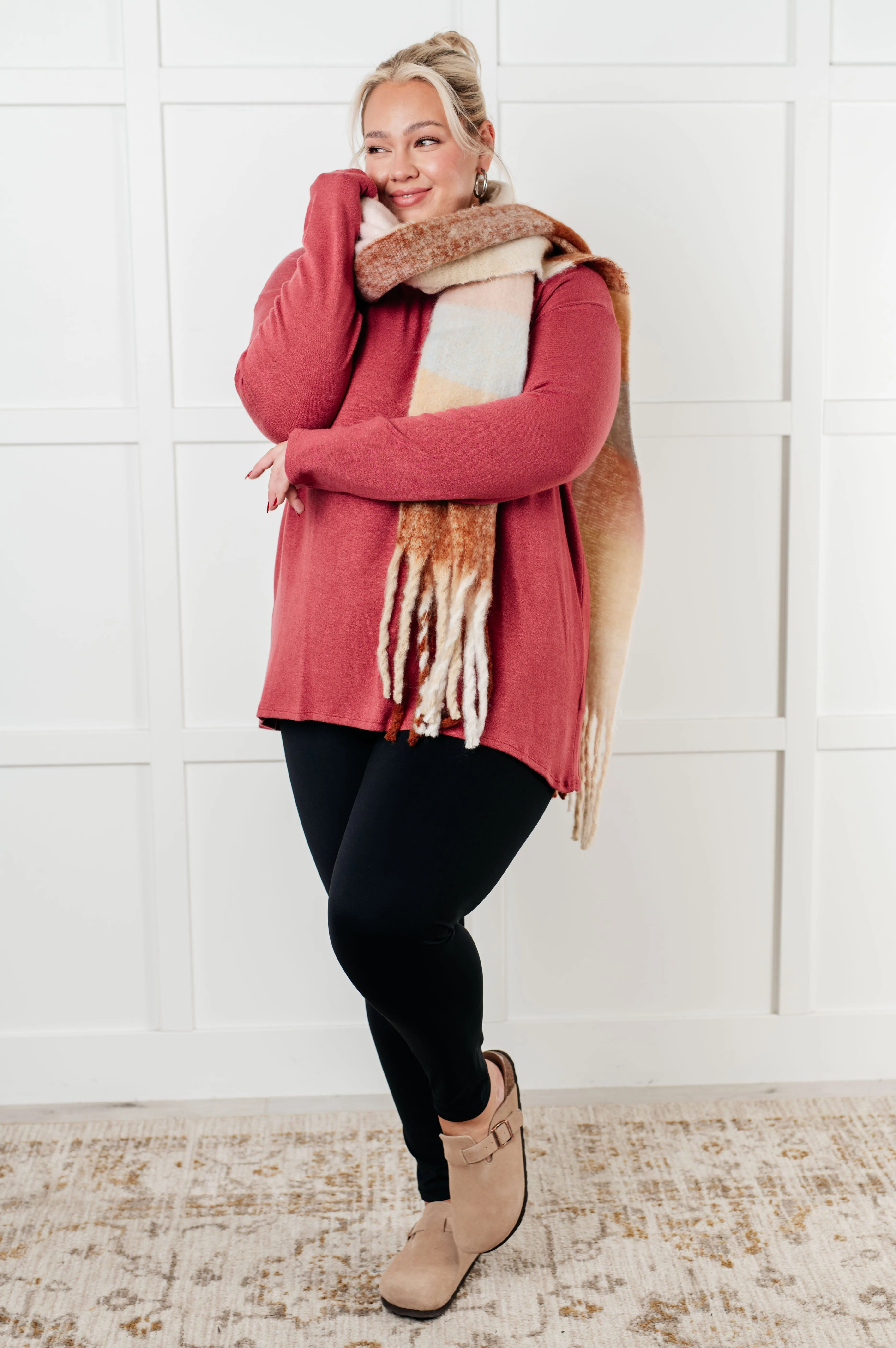 Oversized Plaid Fringe Scarf - Light Brown